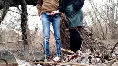 play Curvy MILF in Leather Skirt Sucks Cock Outdoors After Helping with Pissing